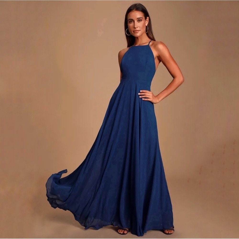 Lulus Navy Blue Spaghetti Strap Maxi Dress Formal Evening Gown Size XL